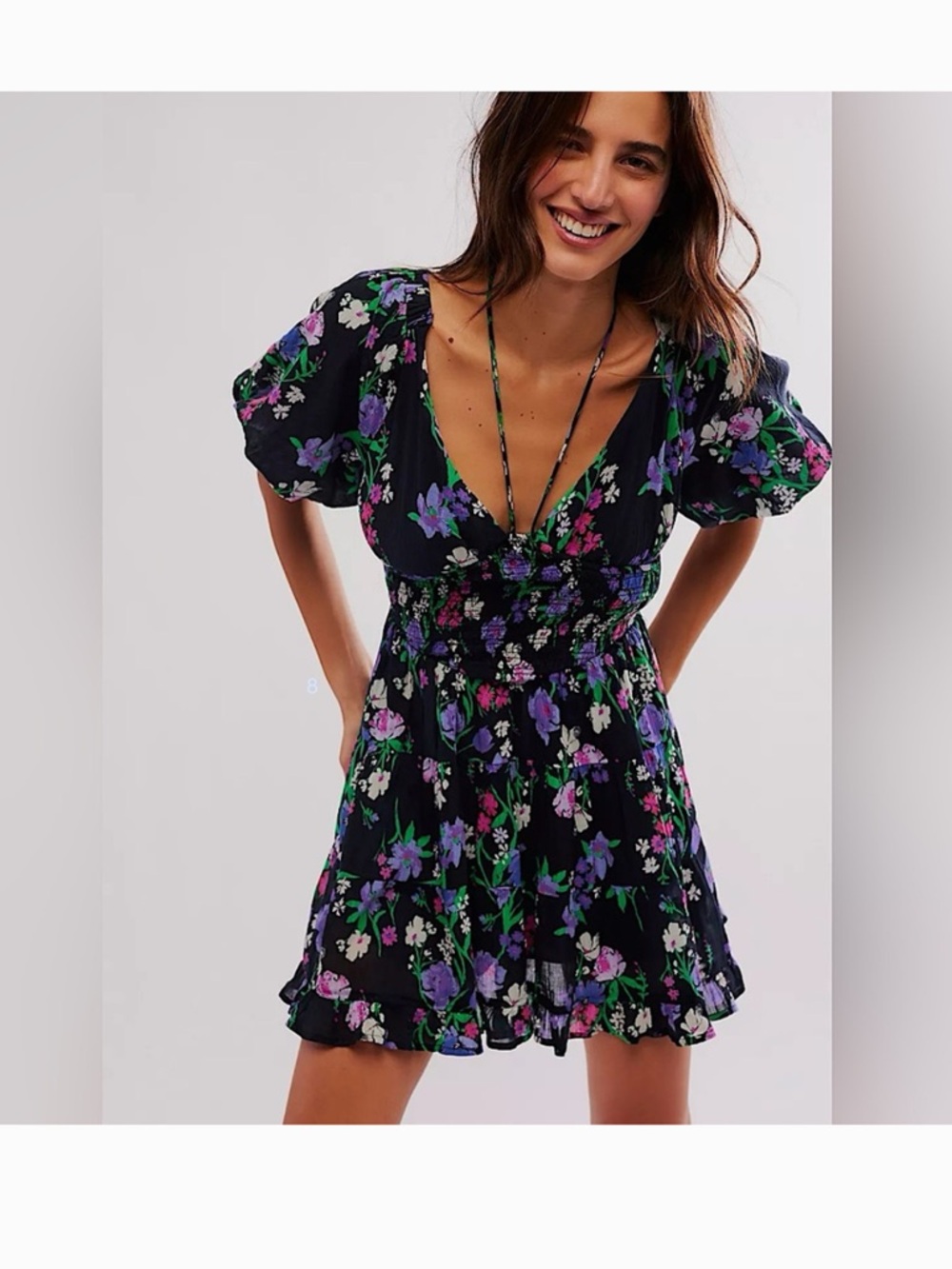 Free People Perfect Day Black Floral Puff-Sleeve Mini Dress